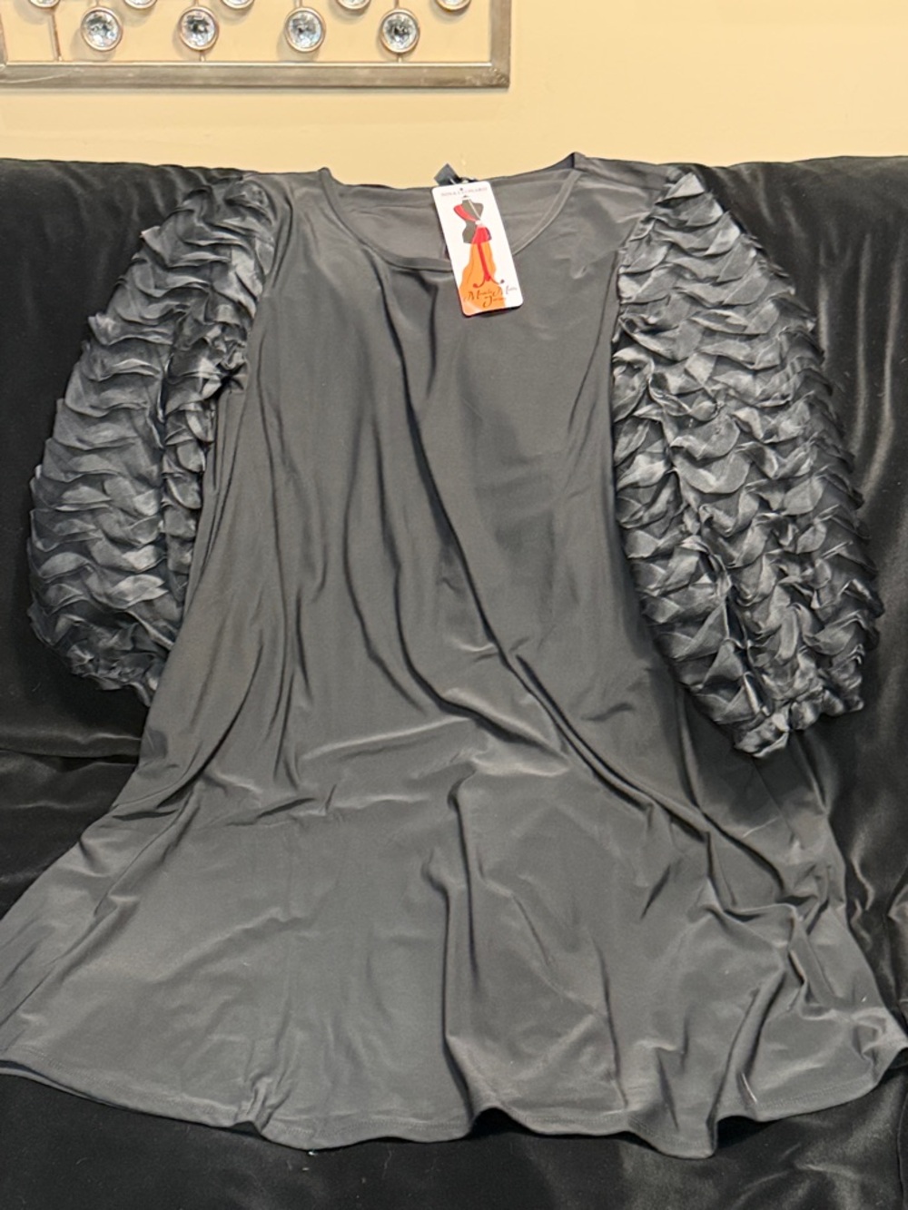 Nina Leonard Black Ruffled Puff Sleeve Long-Sleeve Dress